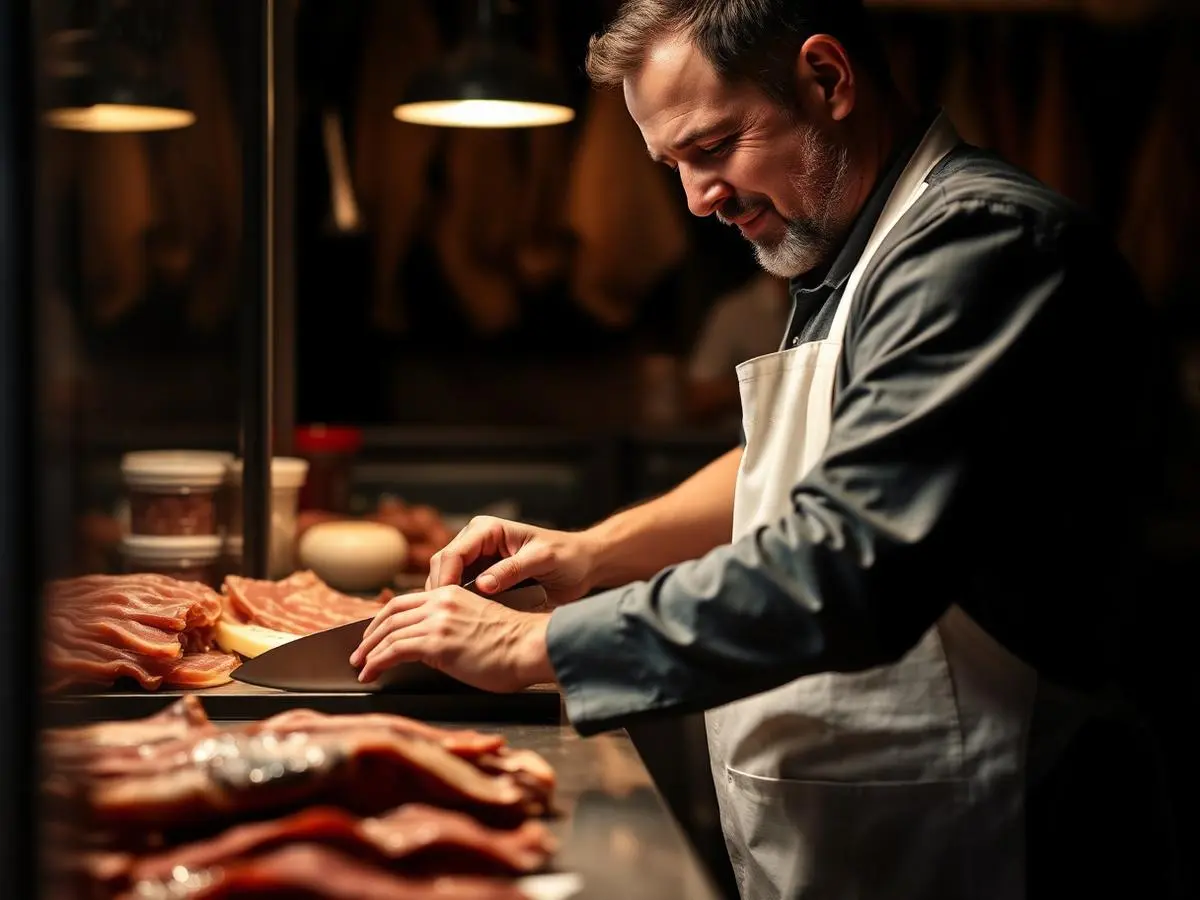 Carnicero cortando carne en el mostrador de la tienda